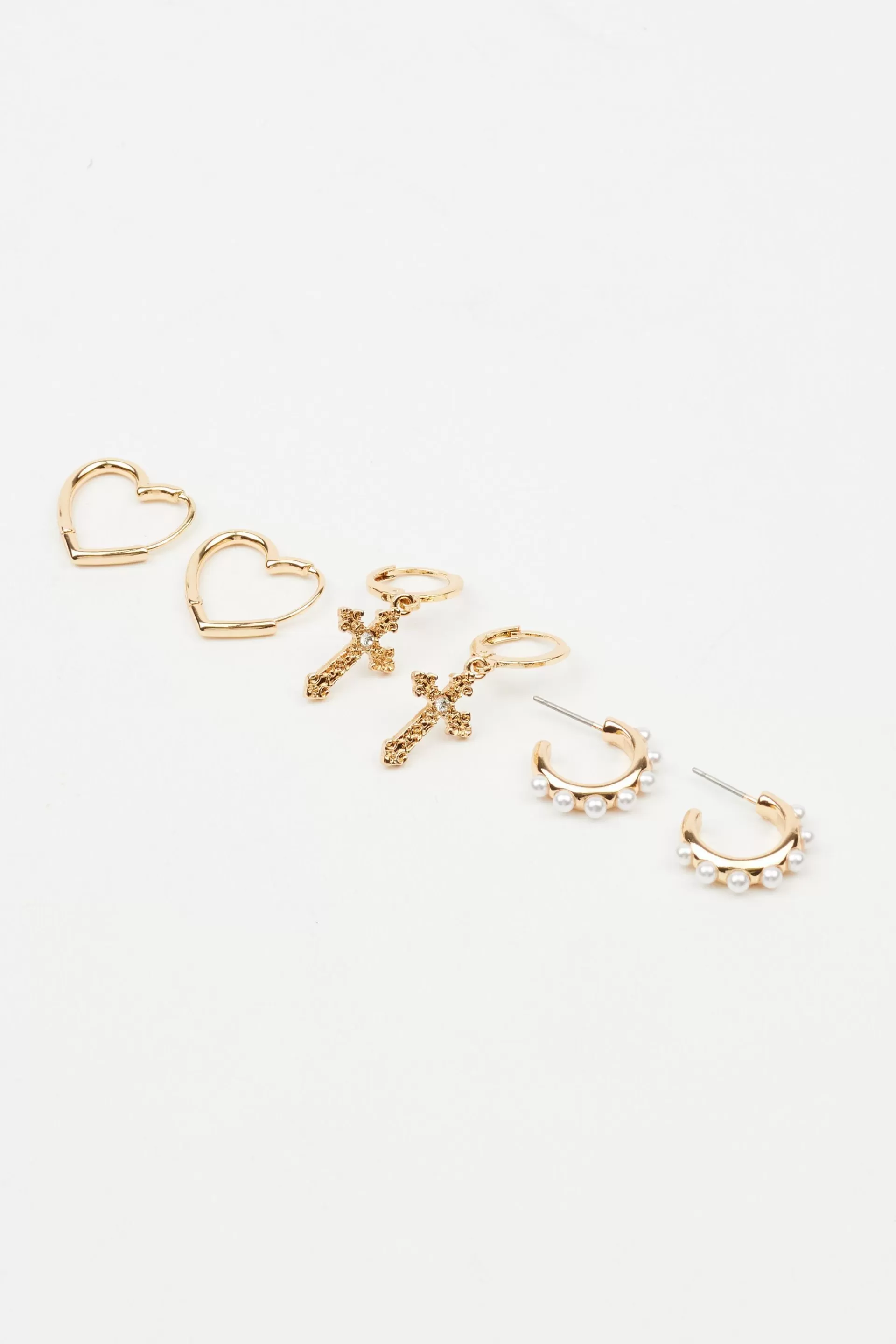 3 Pack Cross Pearl & Heart Earrings*Garage Clothing Online