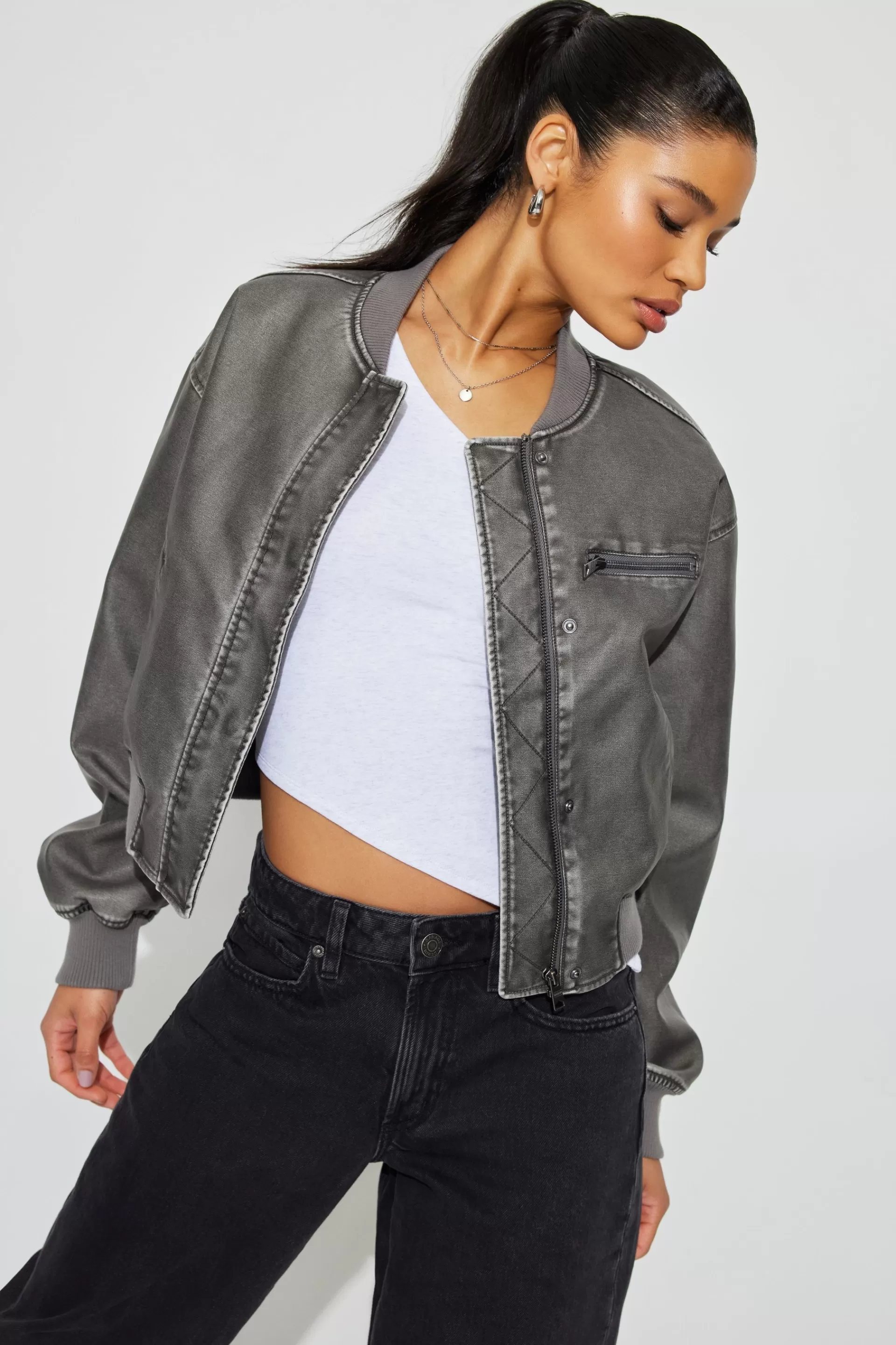 Crop Washed Faux Leather Bomber*Garage Clothing Cheap