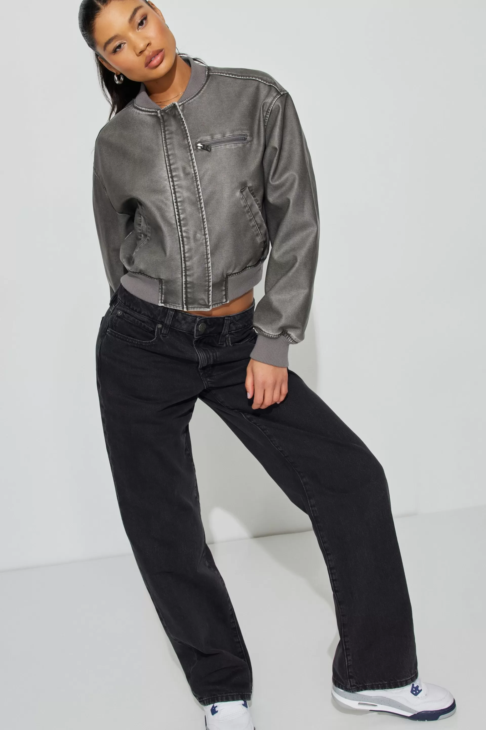 Crop Washed Faux Leather Bomber*Garage Clothing Cheap